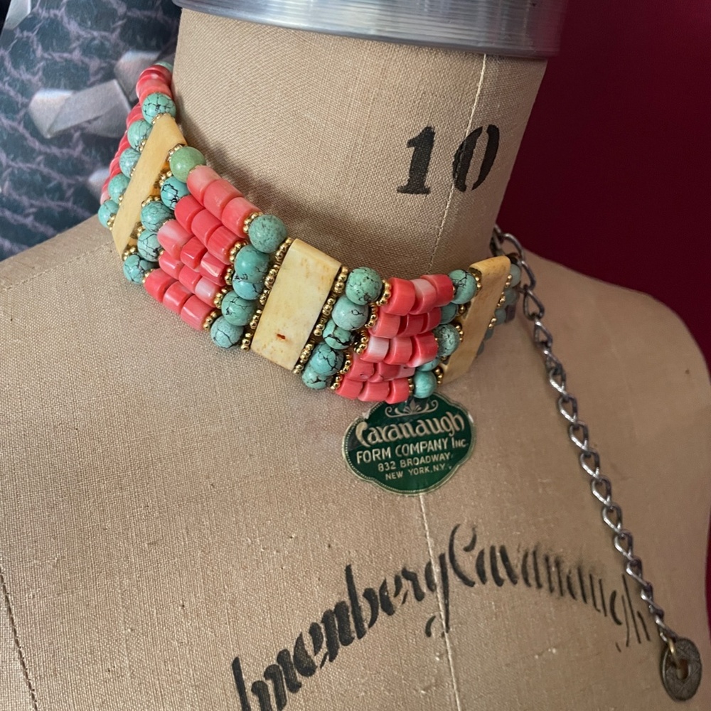 Vintage Masha Archer beaded five strand Gold Turquoise, Coral and shell collar,